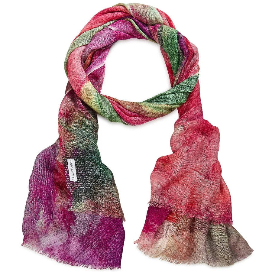 Multicolored Merino wool scarf with a pattern on a white background
