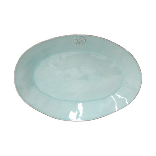 Light blue ceramic platter with a logo