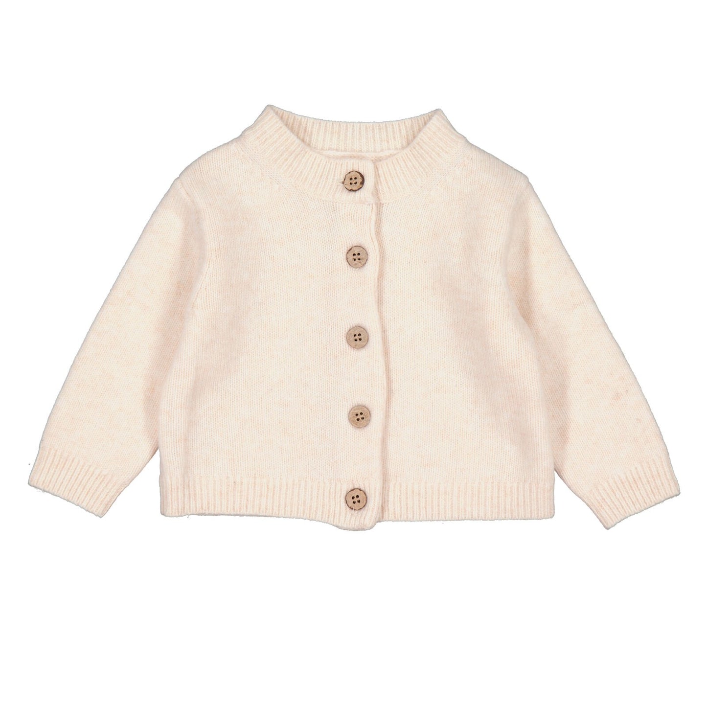 A beige and pink baby cardigan with buttons down the front, laid flat on a white background.