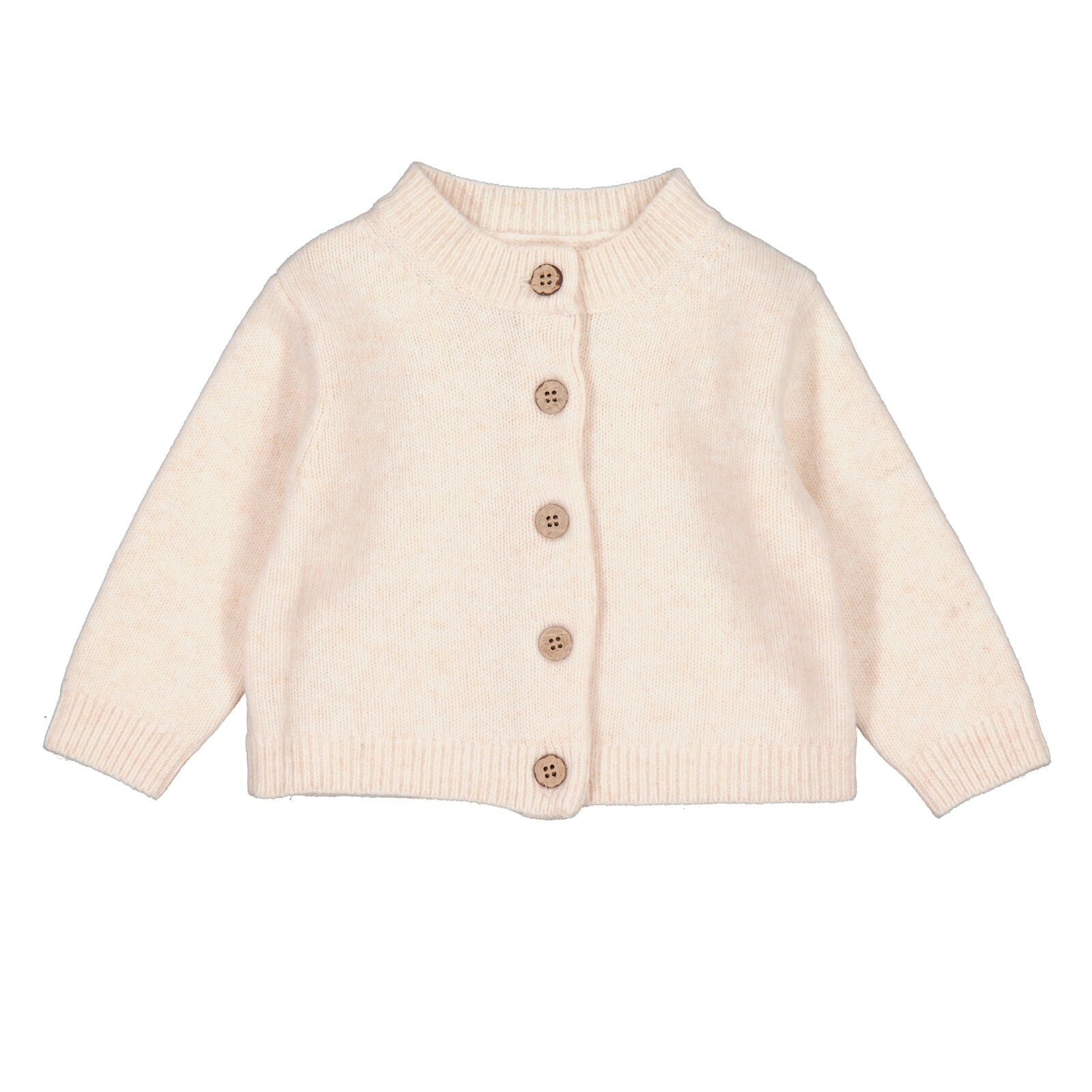 A beige and pink baby cardigan with buttons down the front, laid flat on a white background.
