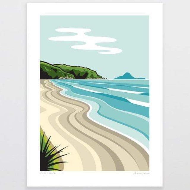 Illustration of a beach scene with green hills and blue water.