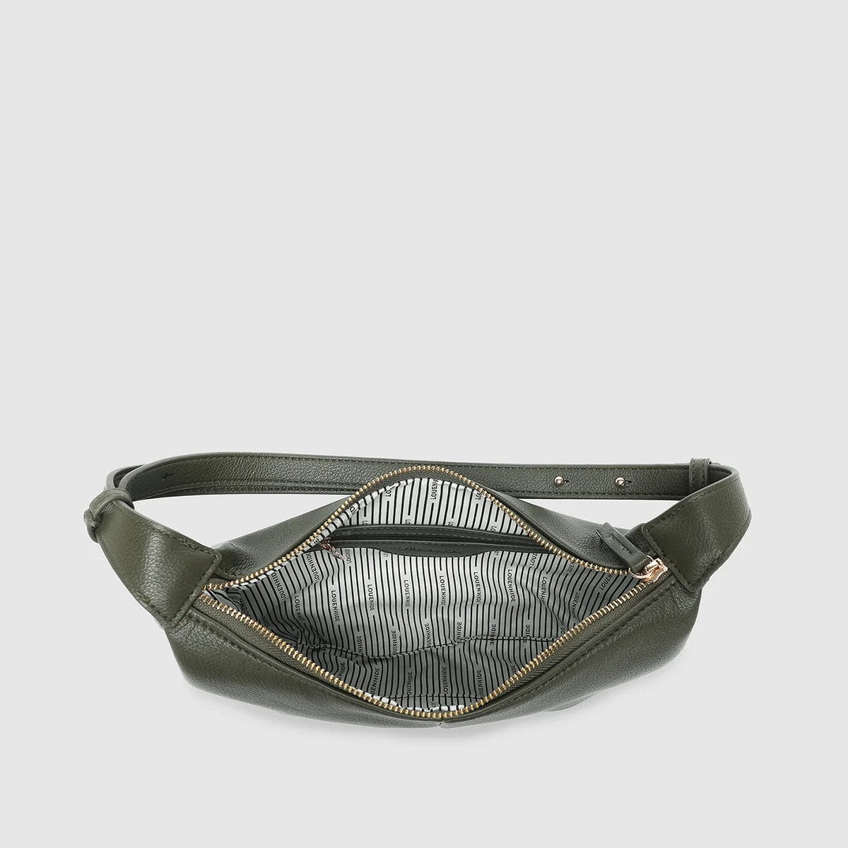 Olive Green vegan leather open hand bag on a light gray background