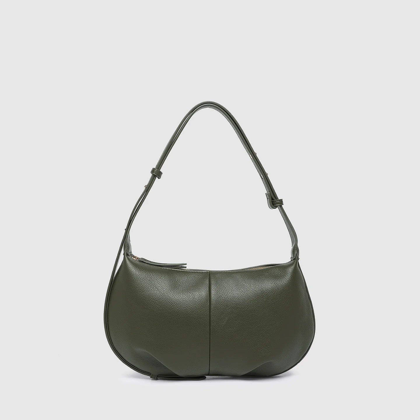 Olive green vegan leather handbag on a light gray background
