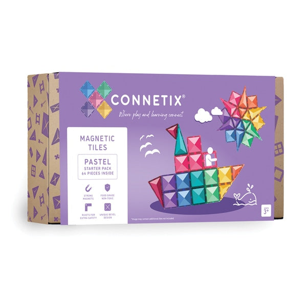 Packaging of Connetix Pastel Starter Pack which includes 64 magnetic tiles in various shapes and colors, designed for educational play and STEM learning