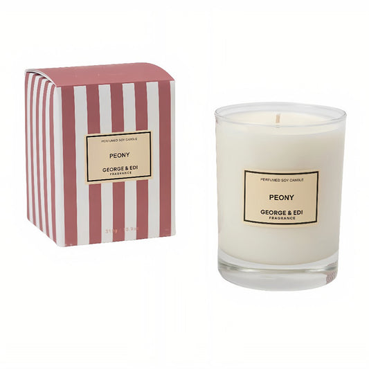 Candle with 'Peony' label and matching striped box 