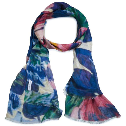 A multicolored floral pattern scarf made from a linen and cotton blend,