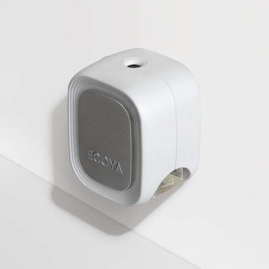 A white ECOYA plug-in diffuser in a closed position, with a grey lid featuring the ECOYA logo.

