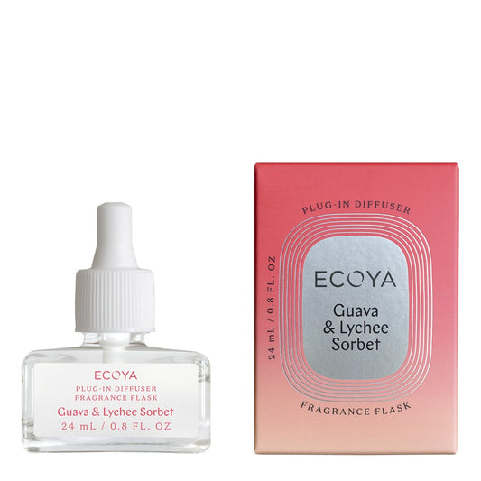 ECOYA fragrance flask with Guava & Lychee scent, alongside its packaging box.