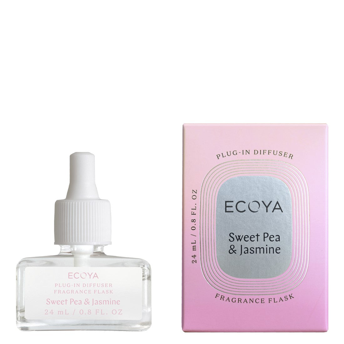 ECOYA fragrance flask with Sweet Pea & Jasmine scent, alongside its pink packaging box.