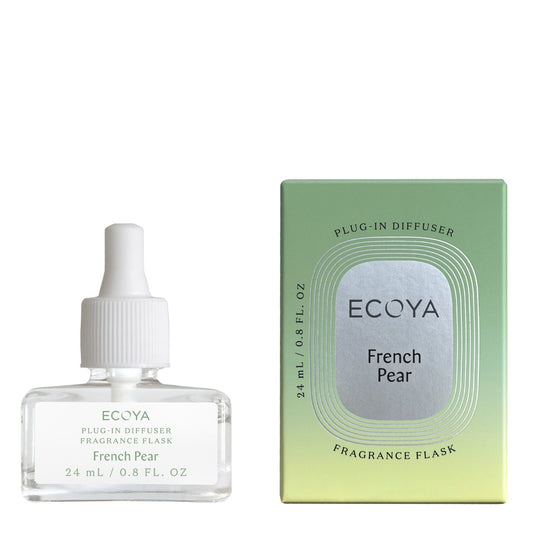 Ecoya Plug-In Diffuser French Pear fragrance, featuring a clear glass flask and a green box with text.