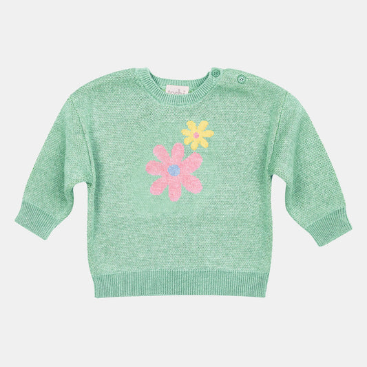 A green organic pullover for babies with a jacquard design featuring floral patterns on the front and buttons on the shoulder.