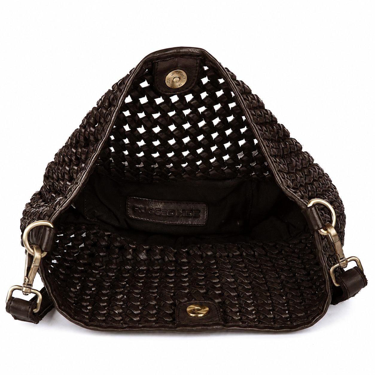 brown woven handbag with gold accents
