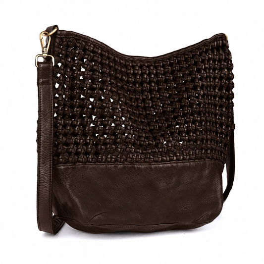 Brown woven handbag with leather accents on