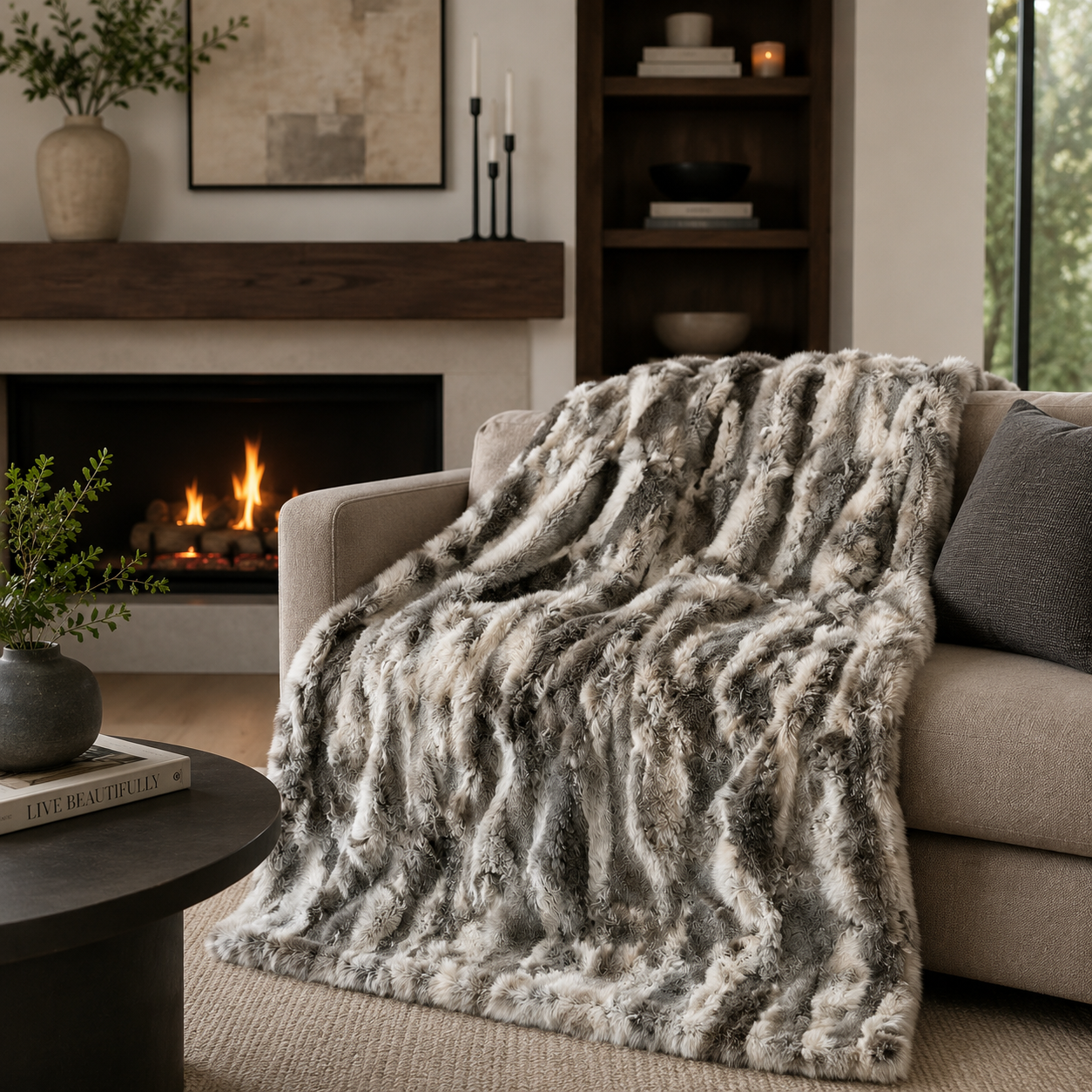 A plush faux-fur throw blanket in mixed gray, beige, and white tones is draped over a light beige sofa in a cozy living room with a lit fireplace, shelves, and a round coffee table.