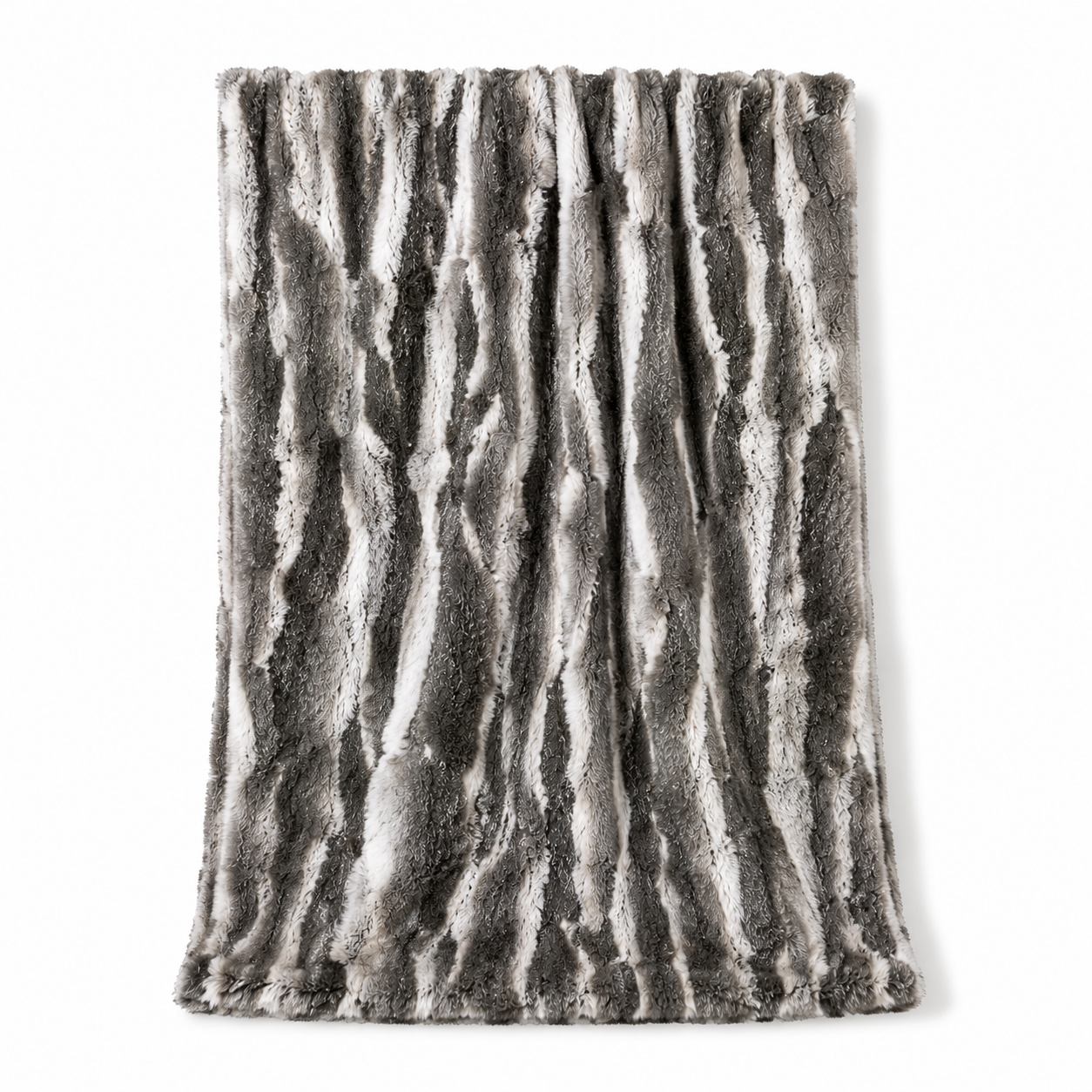 A rectangular faux fur throw blanket with a gray and white bark-like vertical stripe pattern, shown against a plain white background.