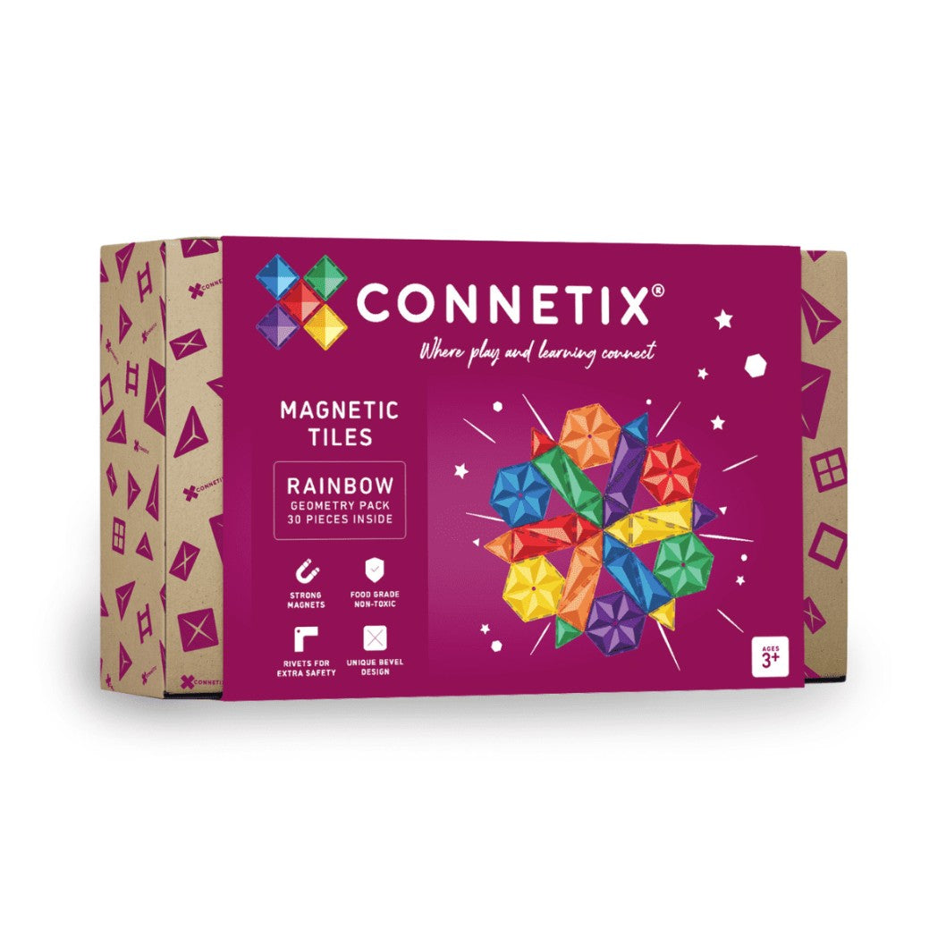 Connetix magnetic tiles packaging with colorful geometric shapes 