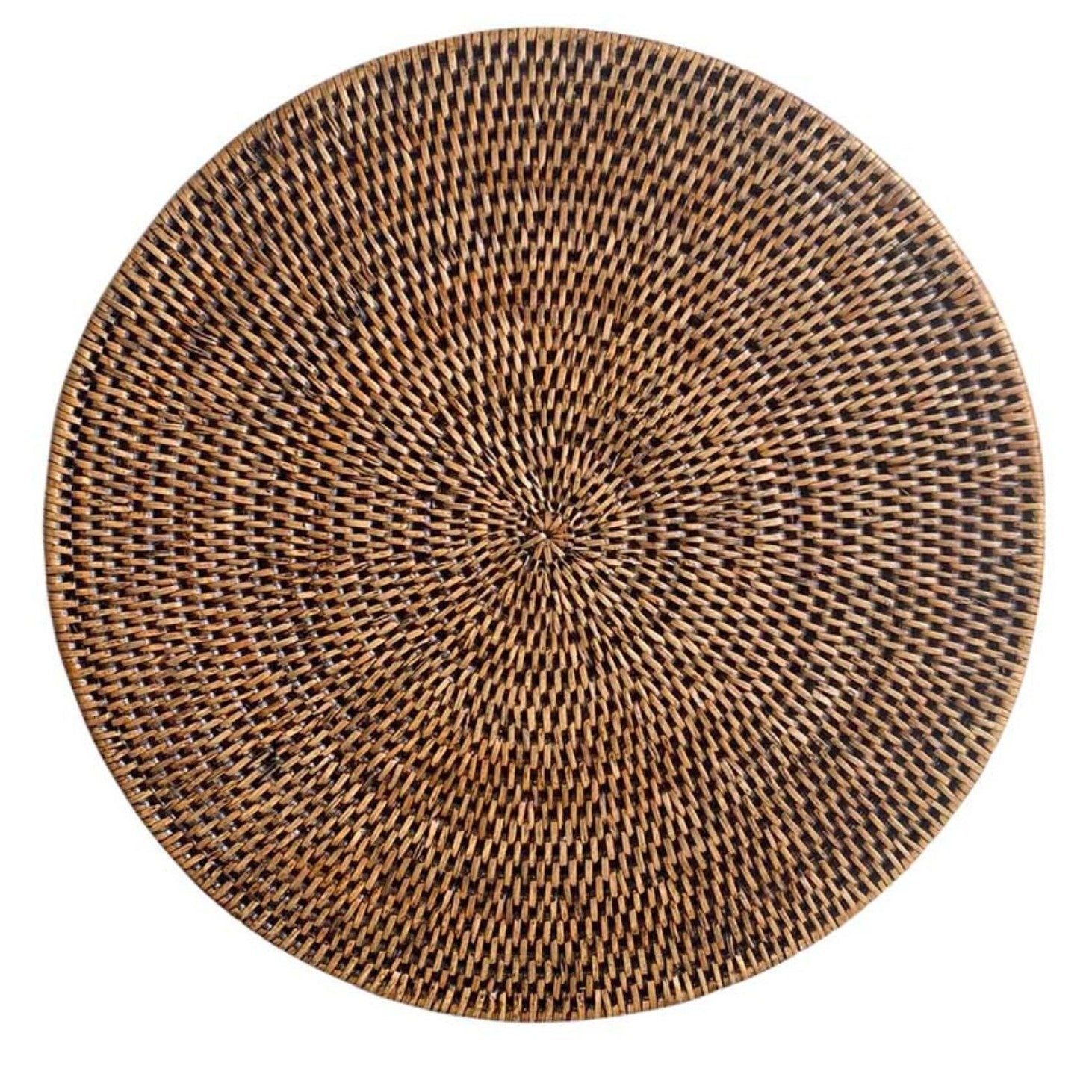 A round brown rattan placemat with a woven pattern.