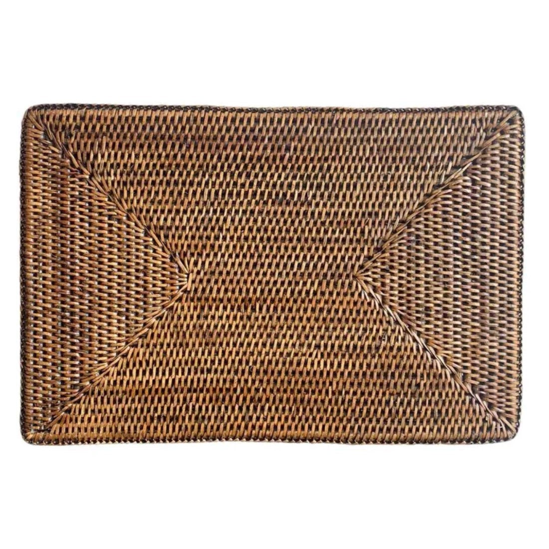 A rectangular brown rattan placemat with a woven pattern.
