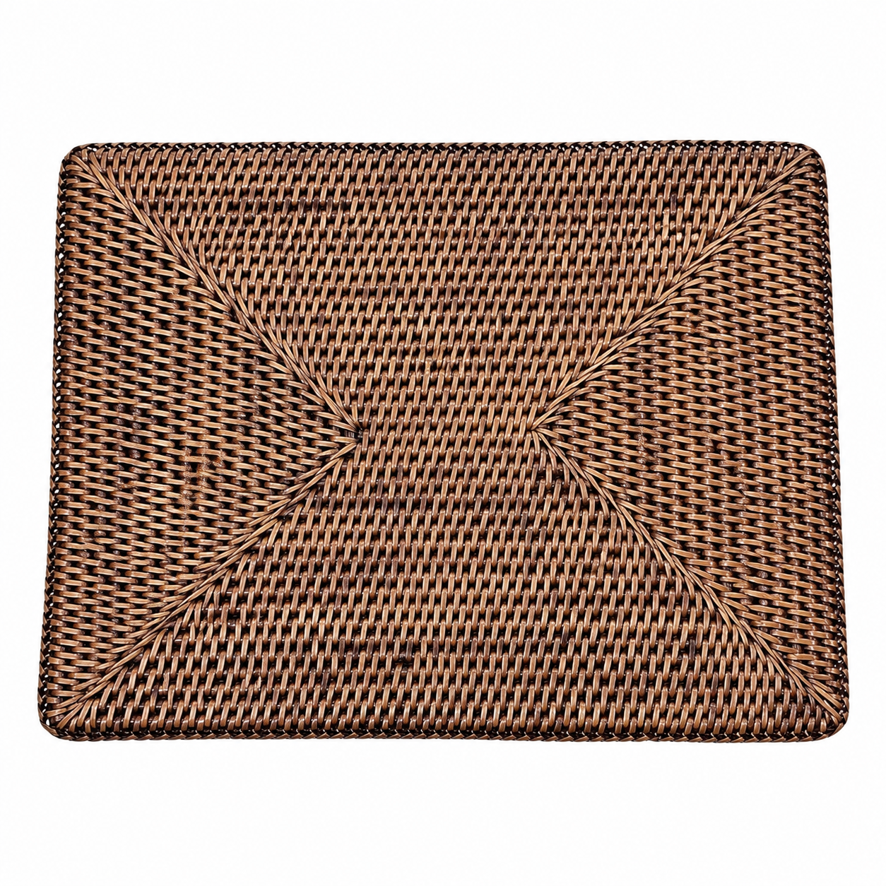 A  rectangular rattan woven placemat with a textured basketweave pattern in natural tan and dark brown,