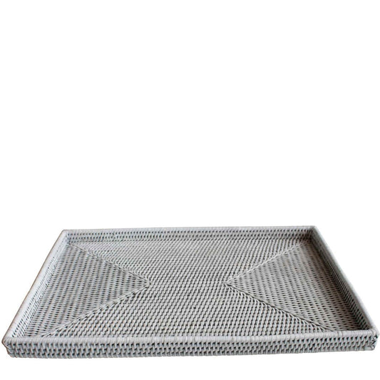 A large white rattan serving tray with a geometric pattern.