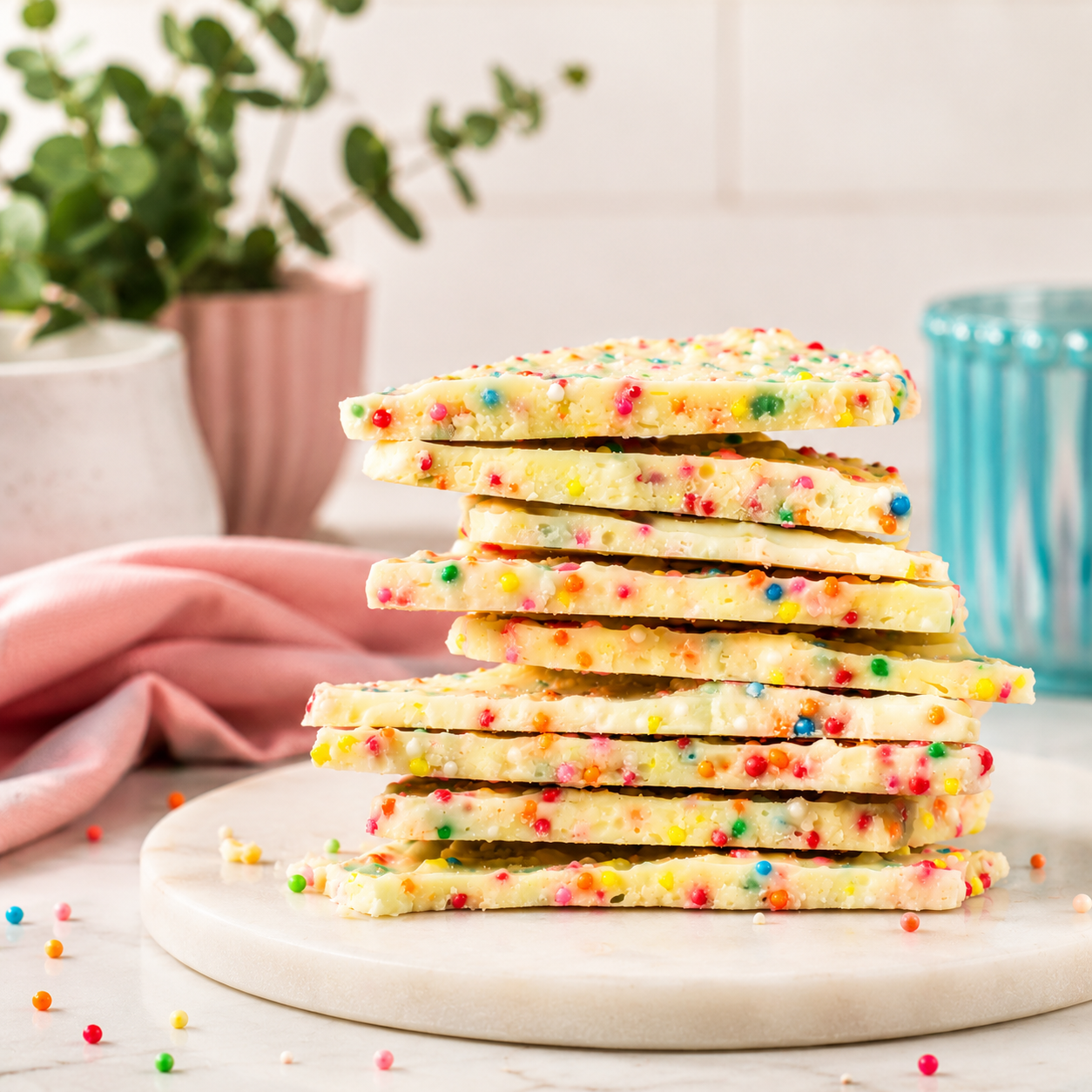 A stack of thin, rectangular butter cookies topped with colorful sprinkles,