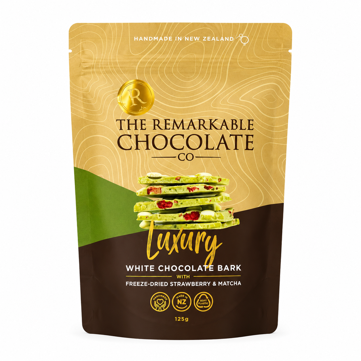 The Remarkable Chocolate Co. Luxury White Chocolate Bark with freeze-dried strawberry & matcha,