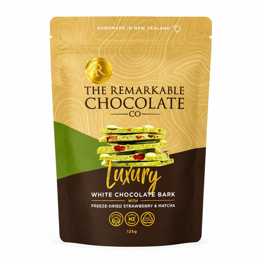 The Remarkable Chocolate Co. Luxury White Chocolate Bark with freeze-dried strawberry & matcha,