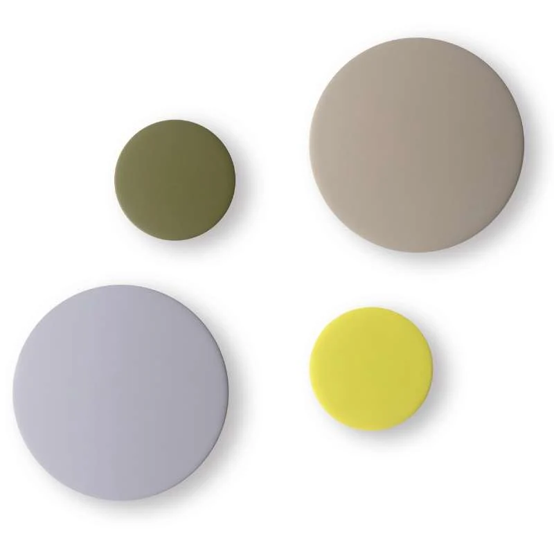 Four round color wall hooks in green, gray, purple, and yellow 