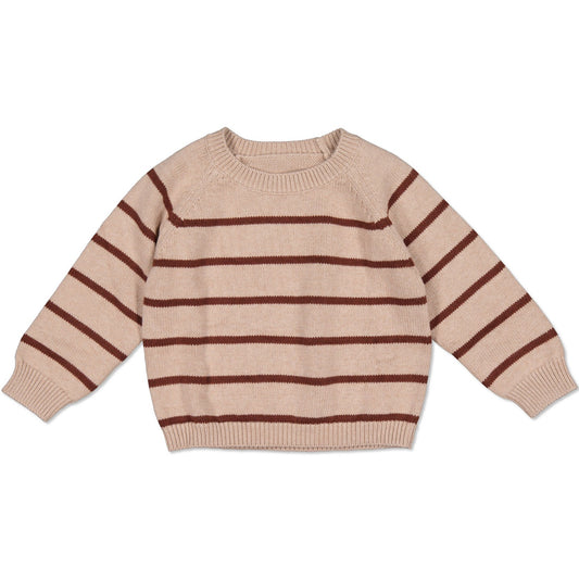 A striped knit sweater for babies, primarily in earthy brown tones with darker brown horizontal stripes.