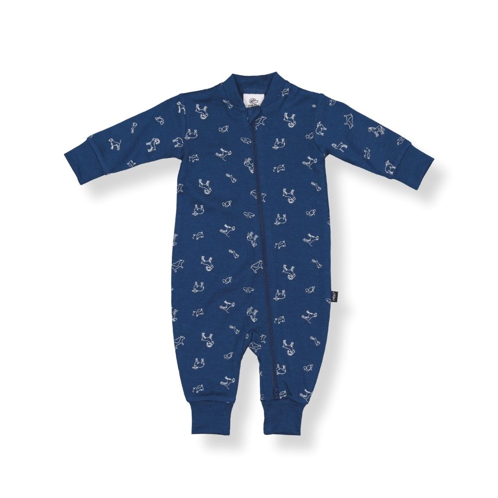 A navy-colored baby all-in-one piece with animal patterns and long sleeves.
