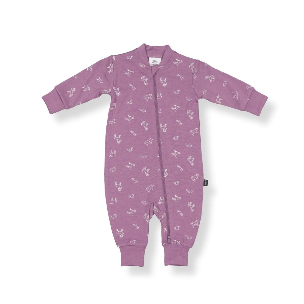 A mauve-colored baby all-in-one with animal patterns and thick cuffs.