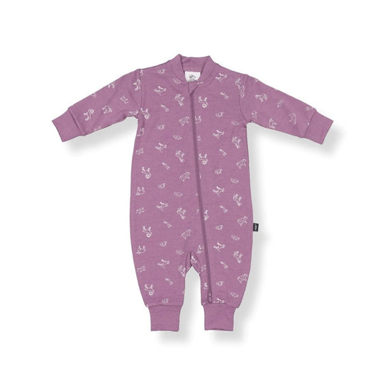 A mauve-colored baby all-in-one with animal patterns and thick cuffs.