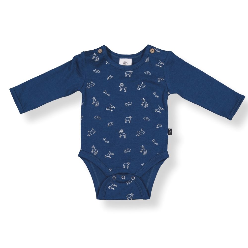Navy blue baby bodysuit with animal print and long sleeves, featuring domes at the hem.