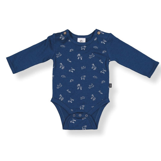 Navy blue baby bodysuit with animal print and long sleeves, featuring domes at the hem.