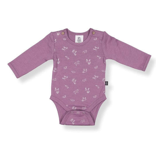 A mauve-colored long-sleeved baby bodysuit with animal patterns and snaps at the hem