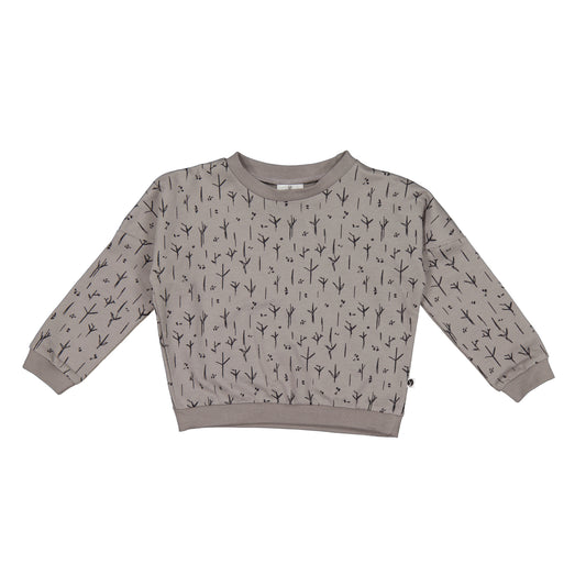 A gray long-sleeved baby sweater with a geometric stick and stone pattern