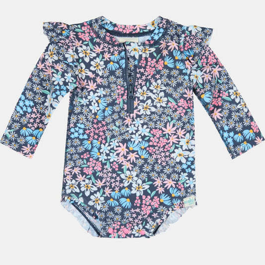 Floral-patterned swimsuit with long sleeves