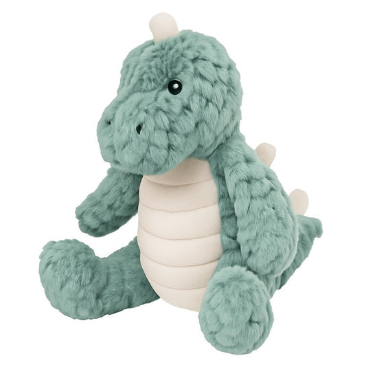 Plush dragon toy with a white belly on a light green background