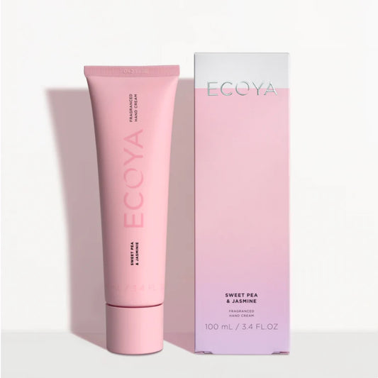 A pink Ecoya Sweet Pea & Jasmin Hand Cream 