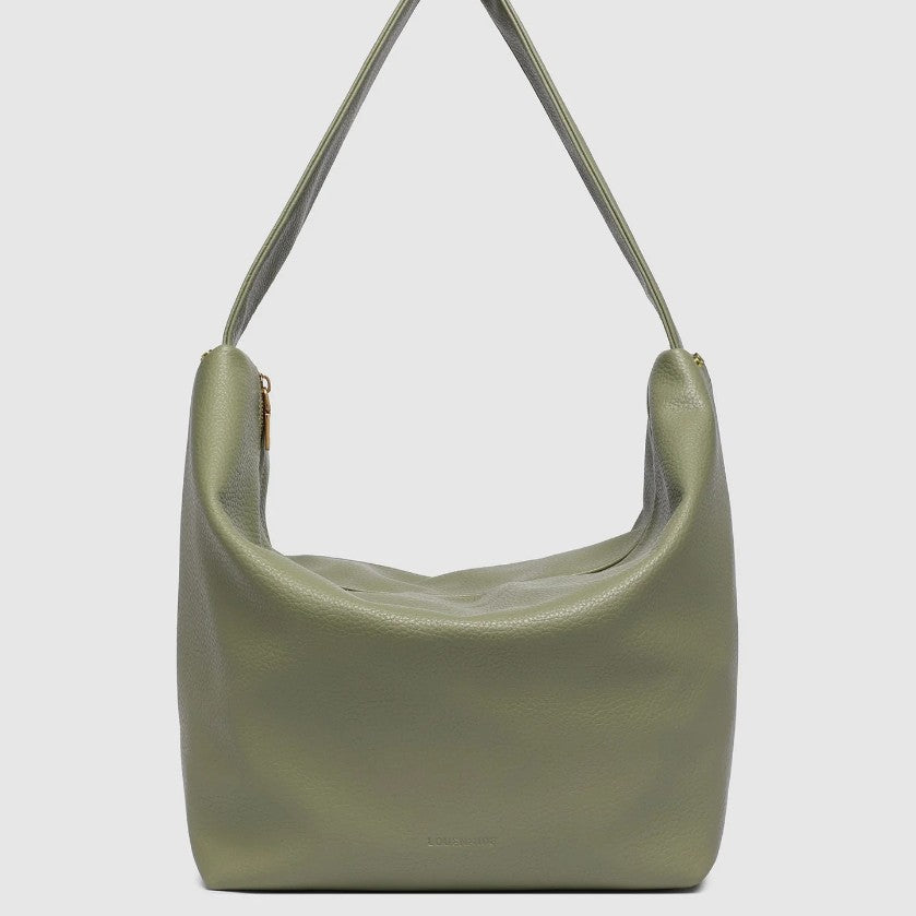 Green leather handbag with a strap