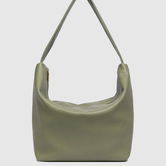 Green leather handbag with a strap