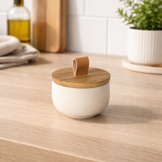 White ceramic container with wooden lid
