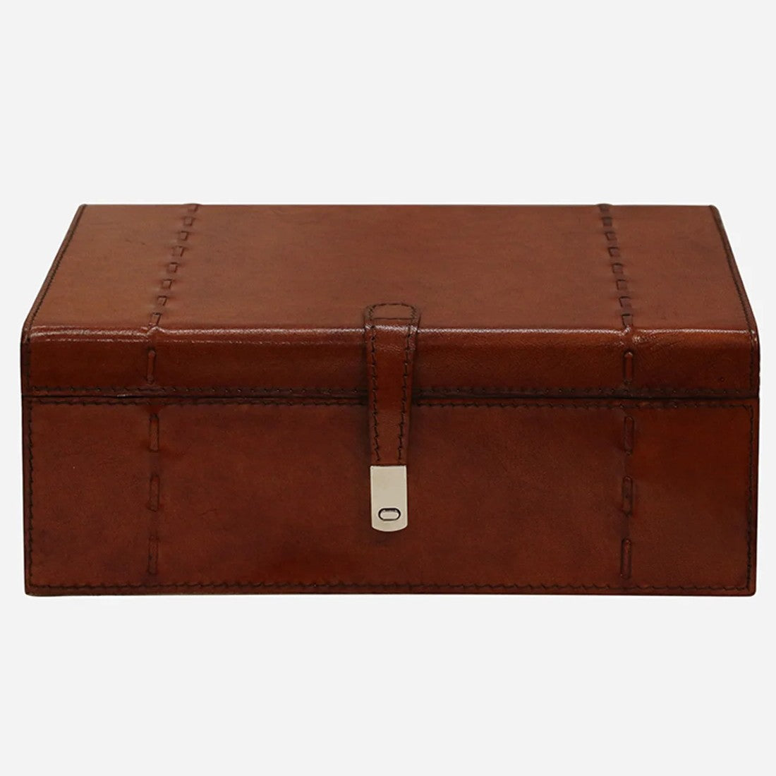 Brown leather jewelry box with  stitching detail  