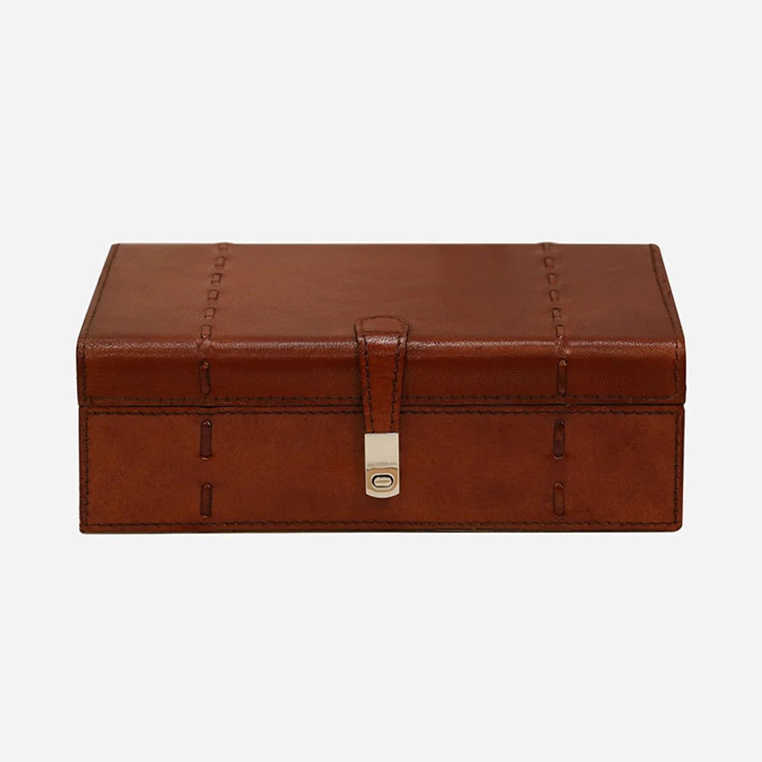 Brown leather jewelry box with a clasp 