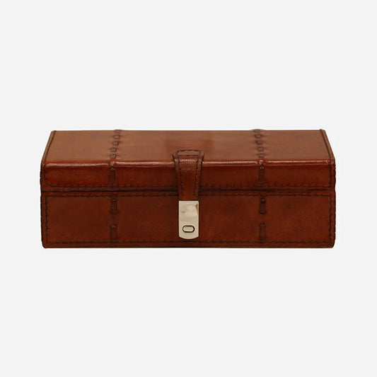 Brown leather jewelry box with a clasp 