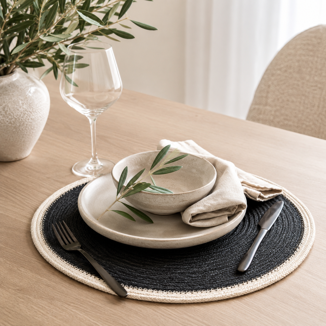 A styled dining table setting featuring a round black and beige woven placemat under a ceramic plate, bowl, folded napkin, and olive branch sprig, with a wine glass and vase in the background.