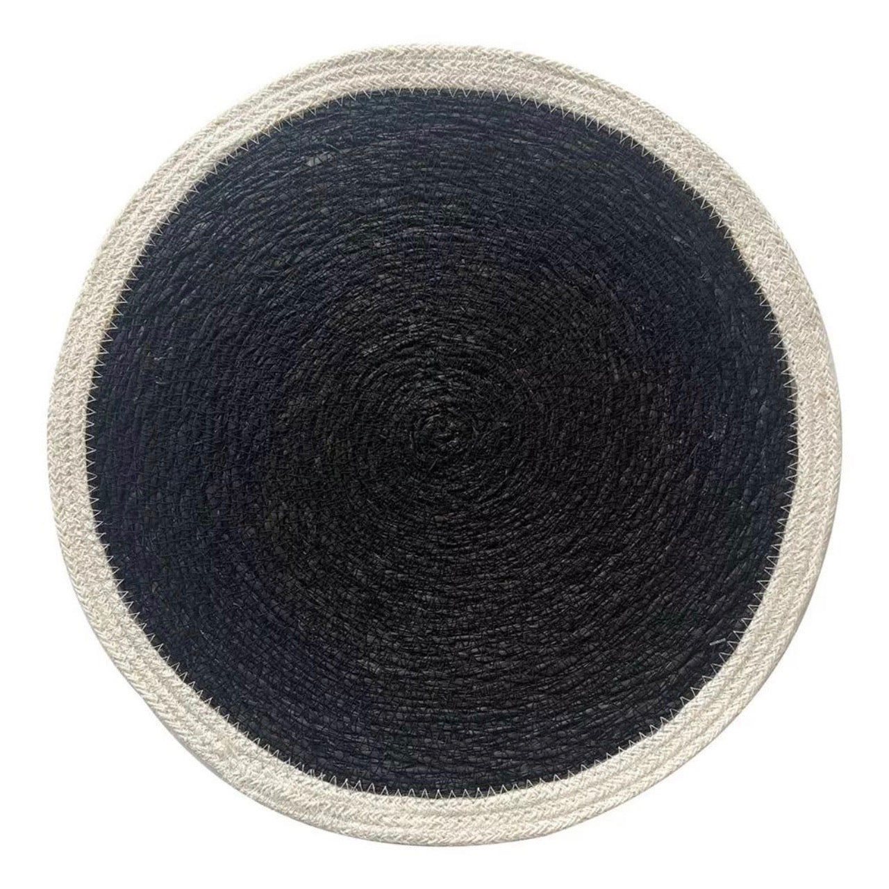 A round braided placemat with a dark navy blue center and a contrasting off-white rope border, shown from a top-down view on a white background.