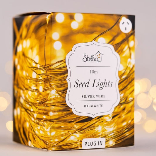  Stella 10m Seed Lights with silver wire and warm white LED lights.