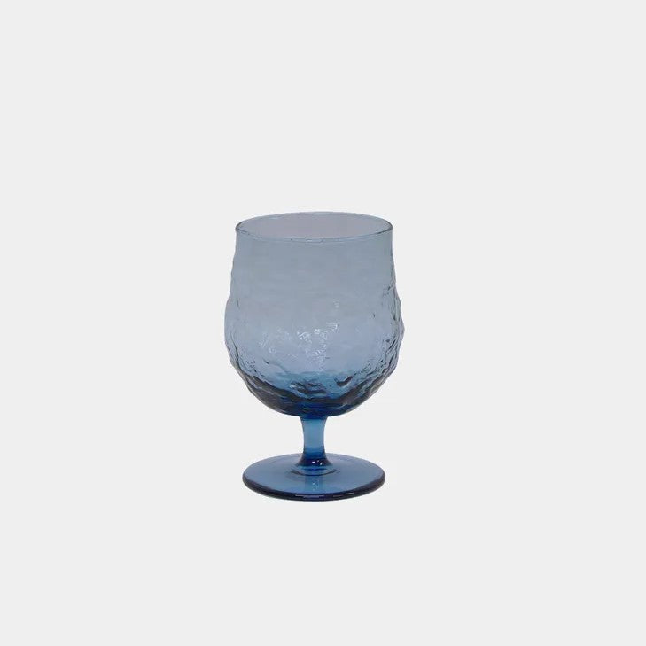 A set of 4 blue wine goblet with an irregular shape and a stem,