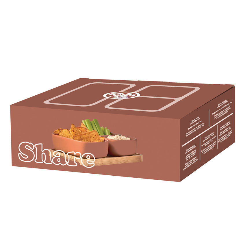 A brown cardboard box for Share, featuring a printed graphic of a dip bowl with chips and celery on the front, set against a plain white background.